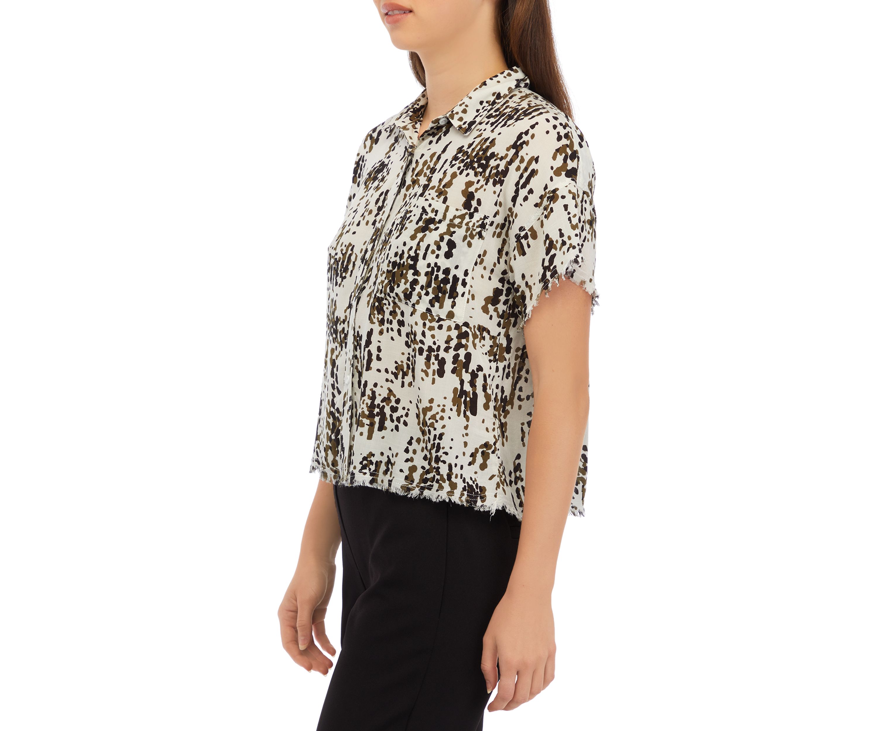 Womens Short Sleeve Button Front Printed Blouse