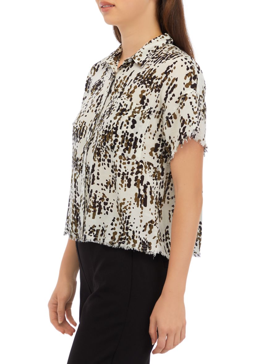 Womens Short Sleeve Button Front Printed Blouse