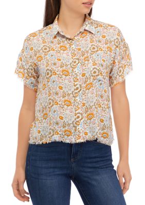 PHILOSOPHY BY REPUBLIC Women's Short Sleeve Button Front Printed Blouse, XS