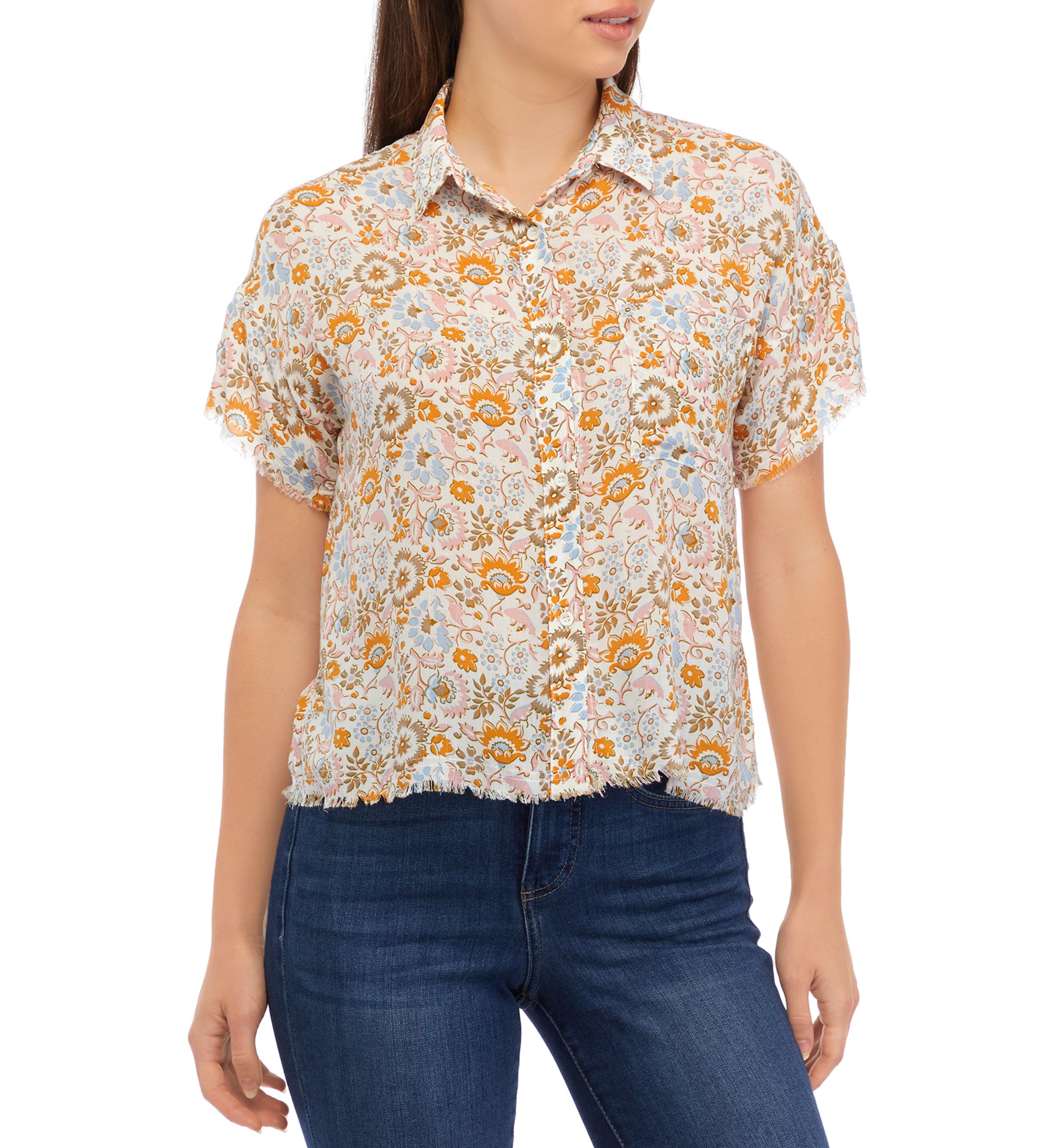 Womens Short Sleeve Button Front Printed Blouse