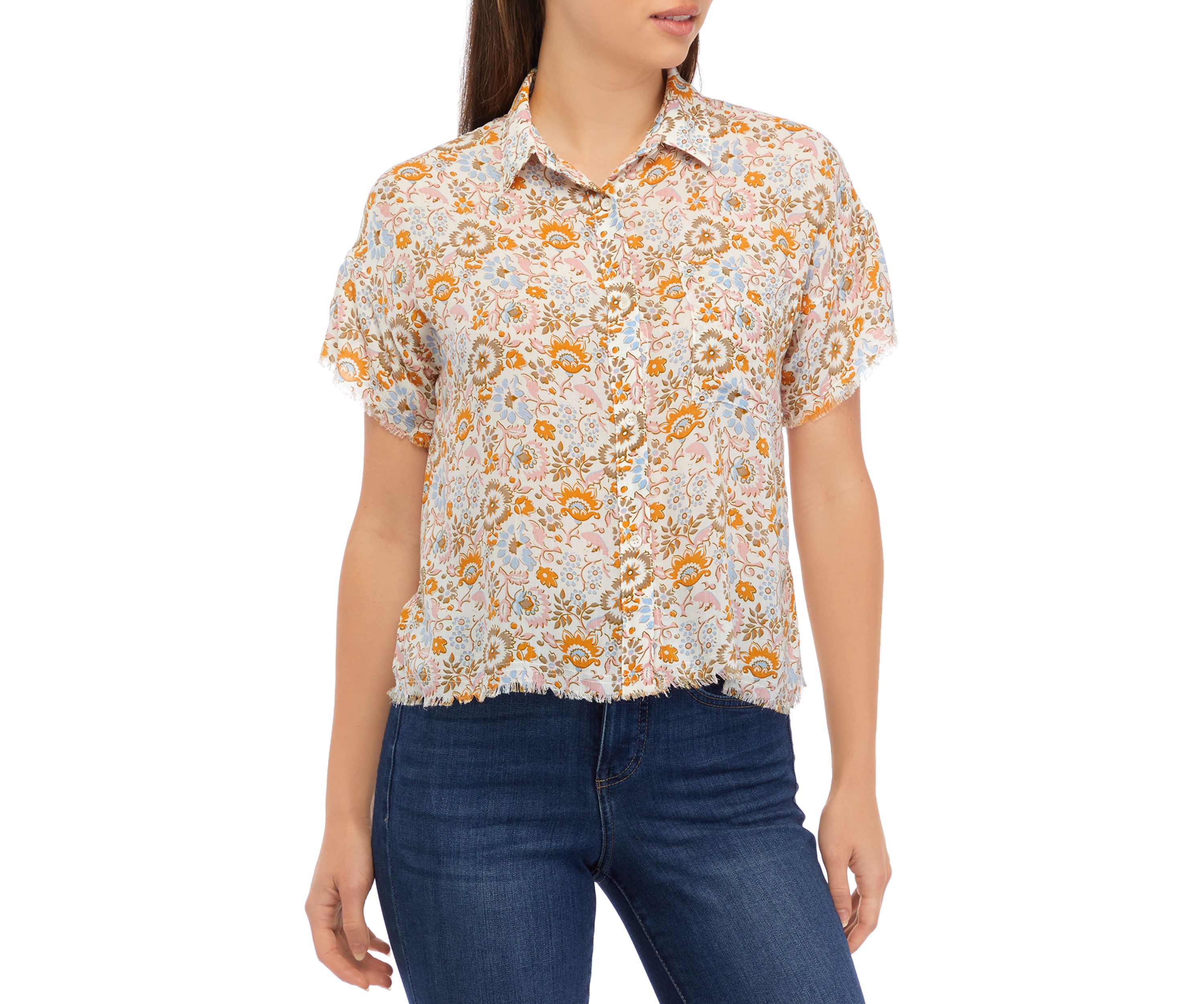 Womens Short Sleeve Button Front Printed Blouse