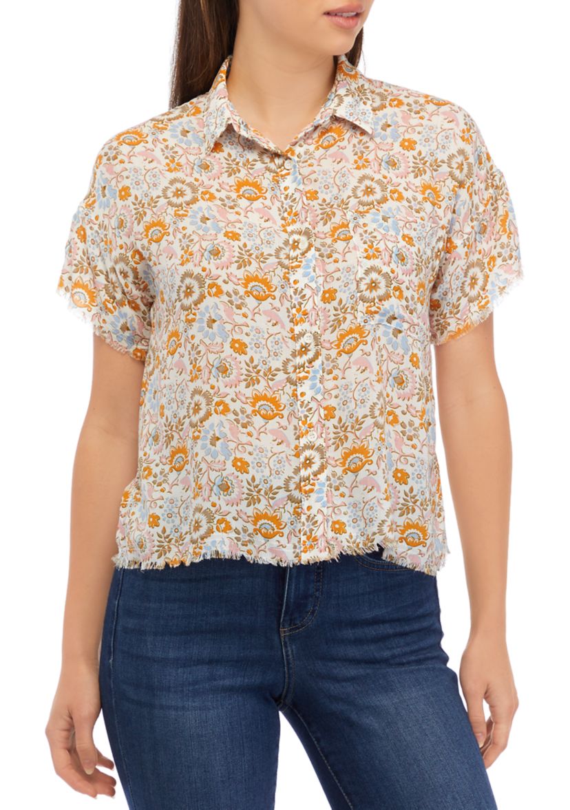 Womens Short Sleeve Button Front Printed Blouse