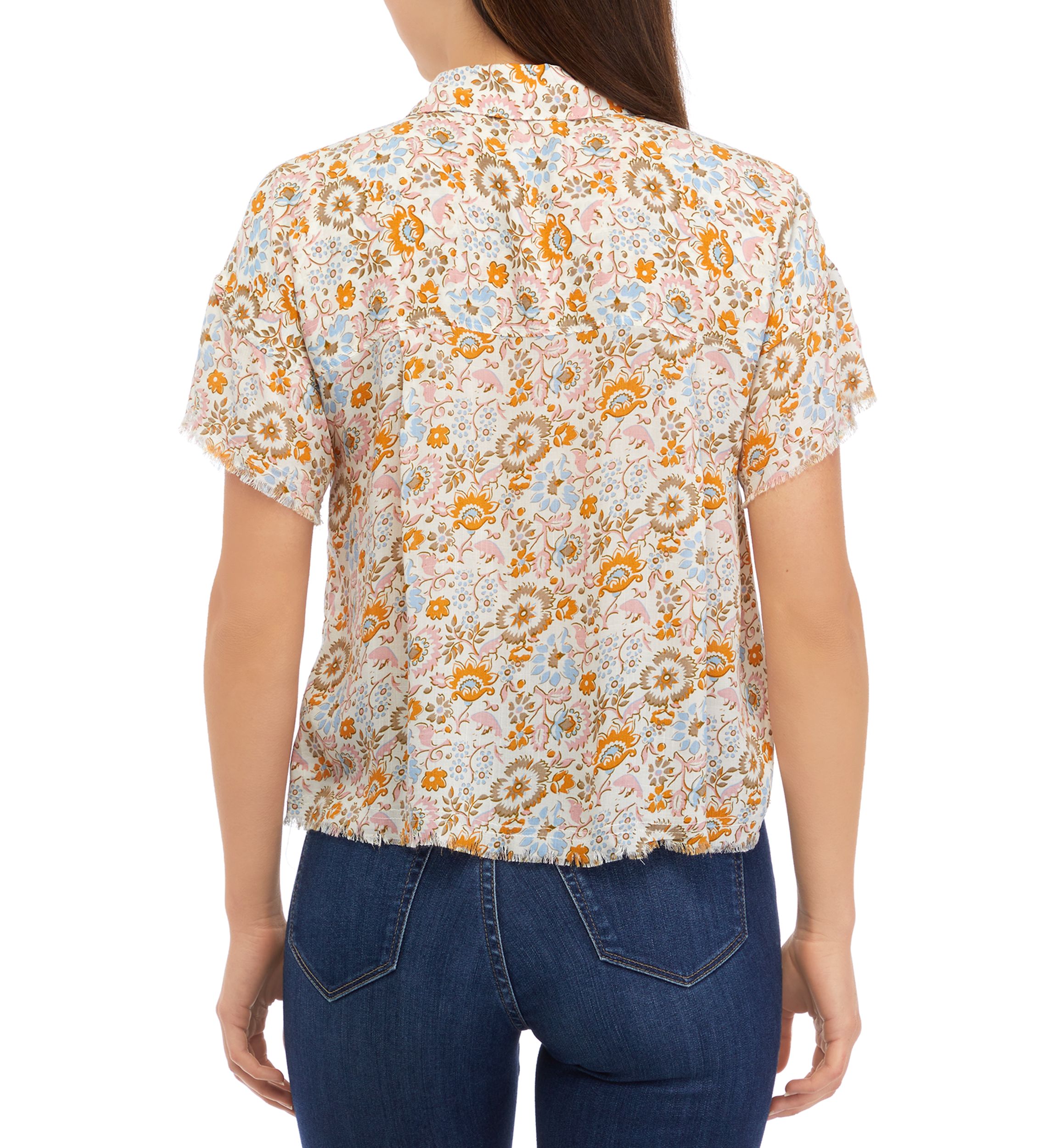 Womens Short Sleeve Button Front Printed Blouse