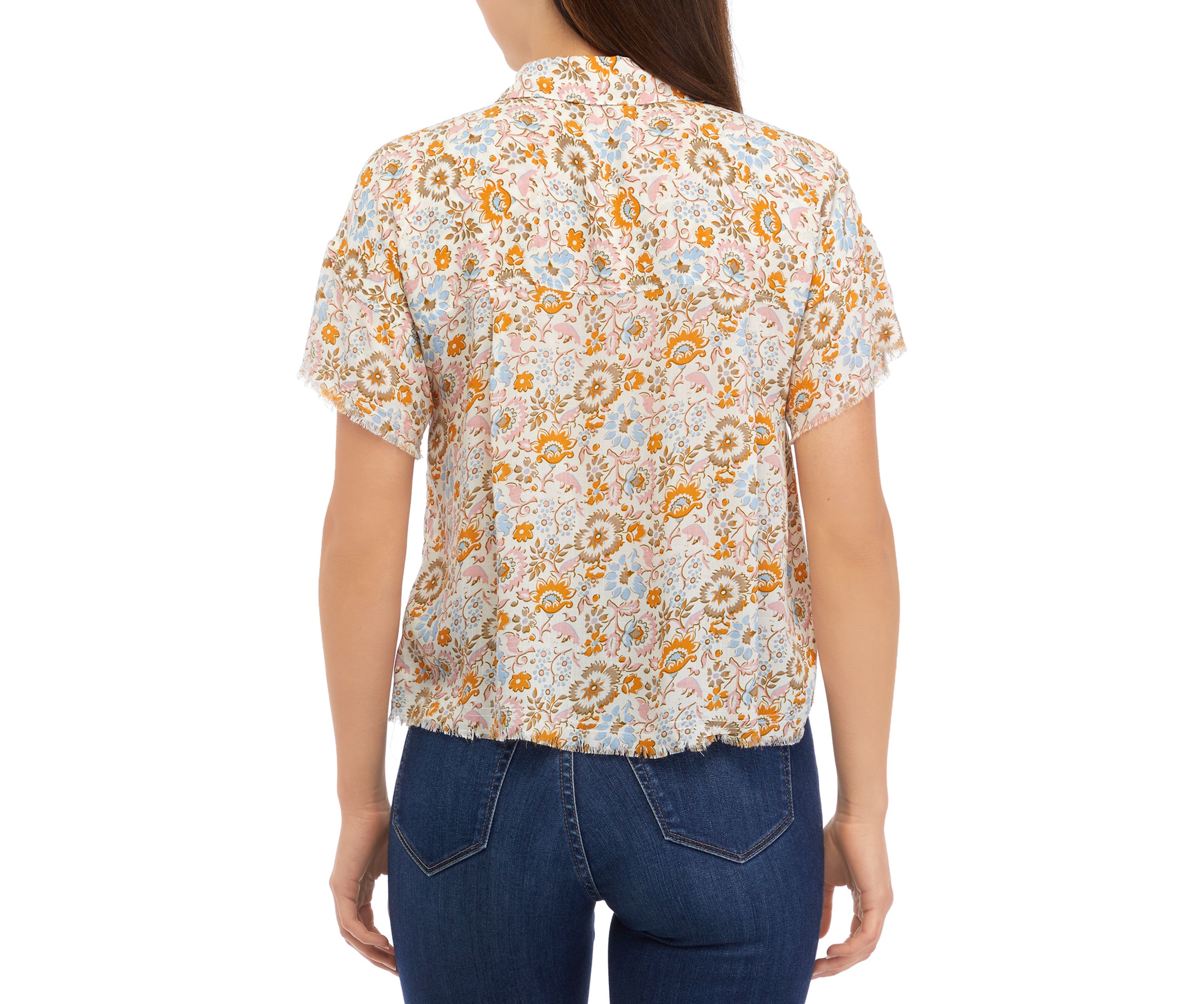 Womens Short Sleeve Button Front Printed Blouse