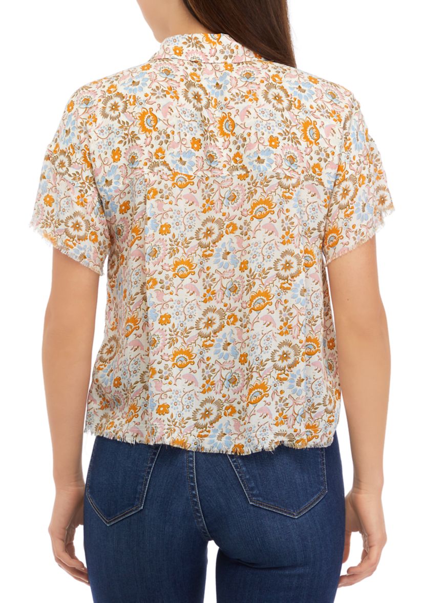 Womens Short Sleeve Button Front Printed Blouse