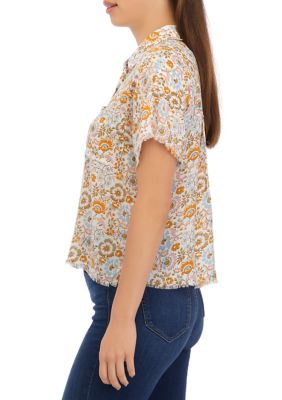 Women's Short Sleeve Button Front Printed Blouse