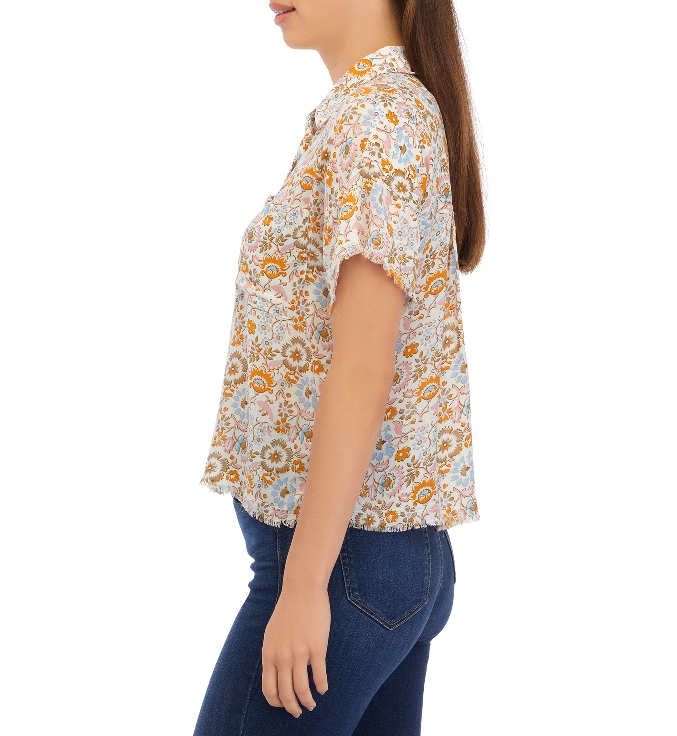 Womens Short Sleeve Button Front Printed Blouse