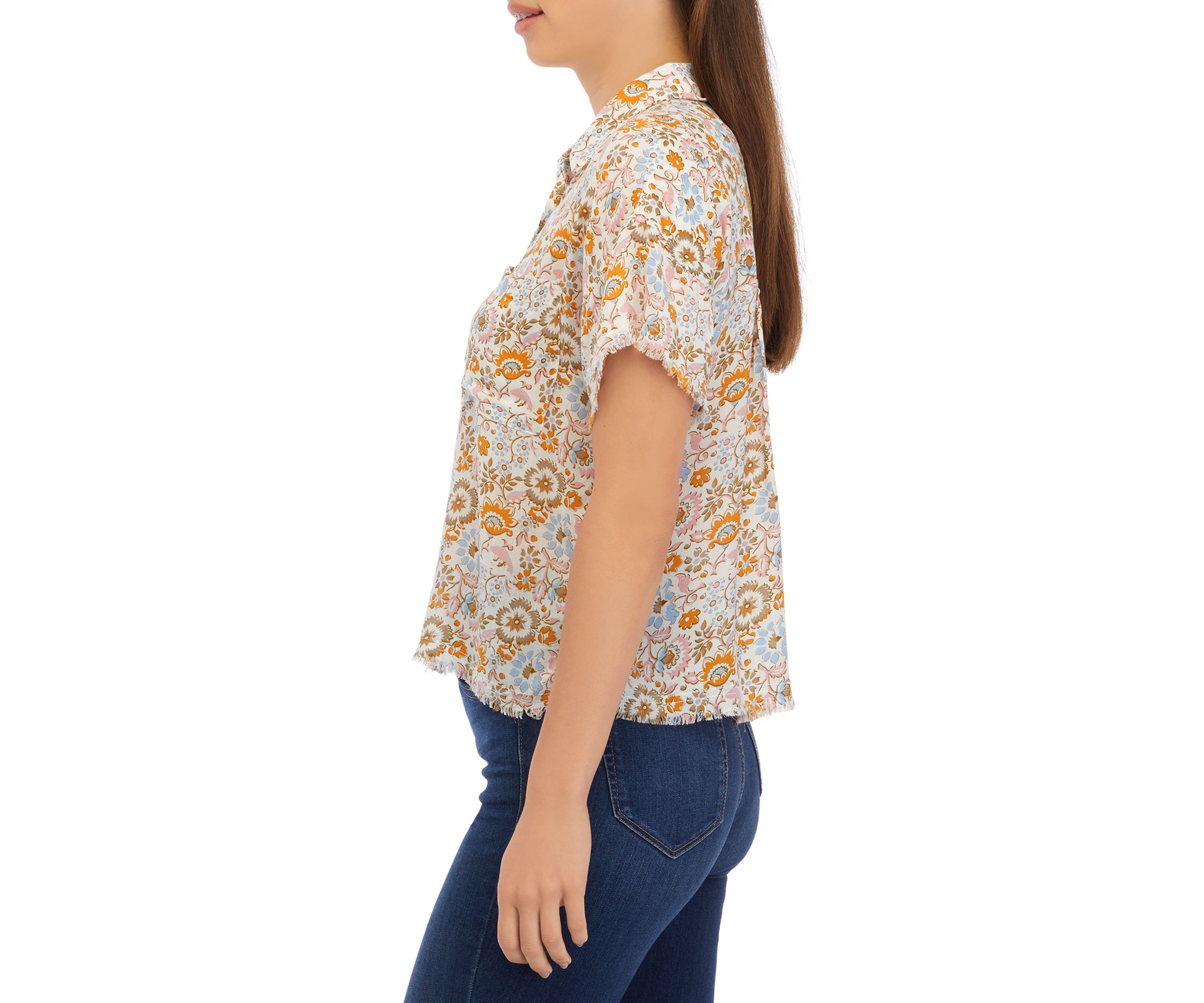 Womens Short Sleeve Button Front Printed Blouse