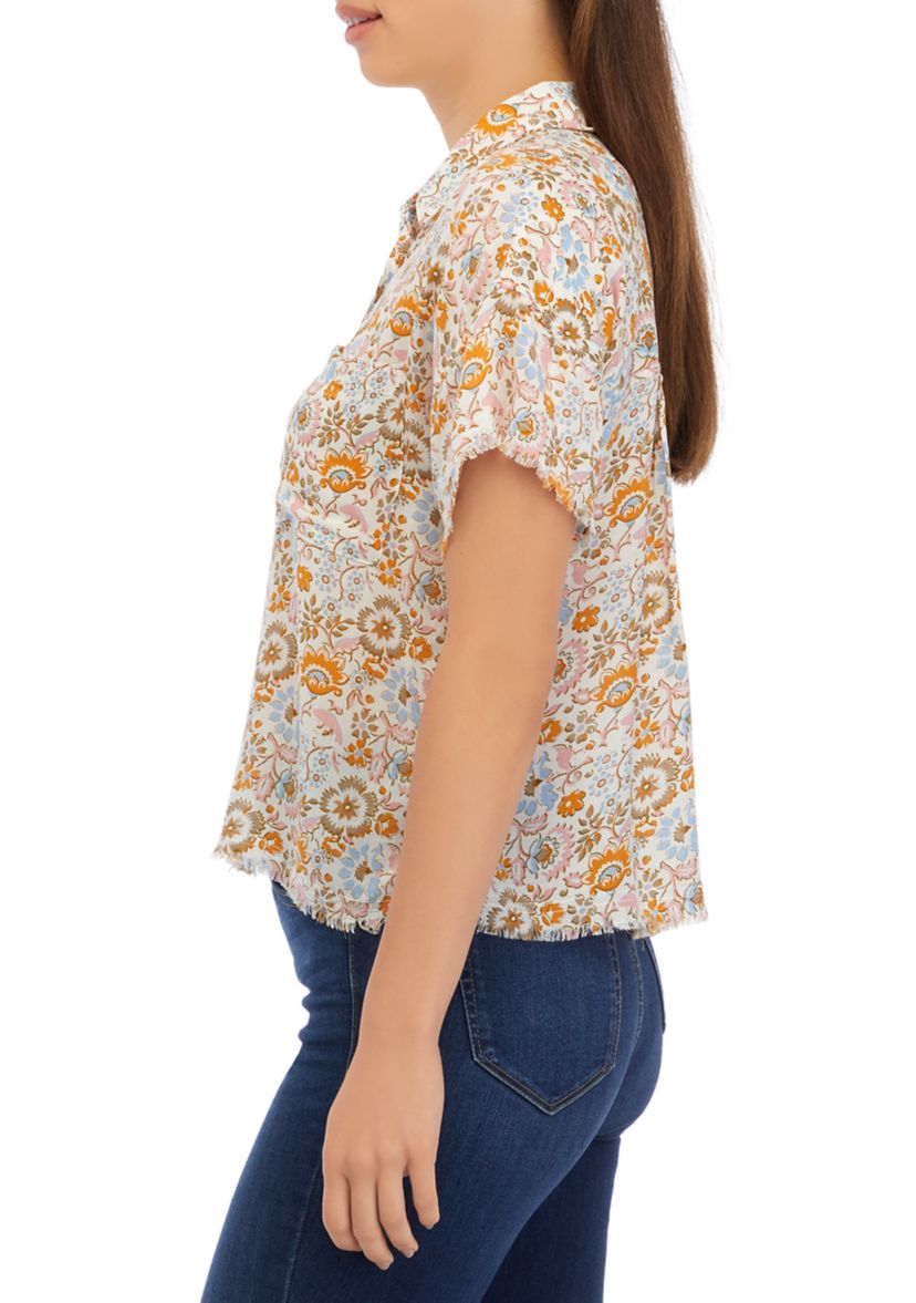 Womens Short Sleeve Button Front Printed Blouse