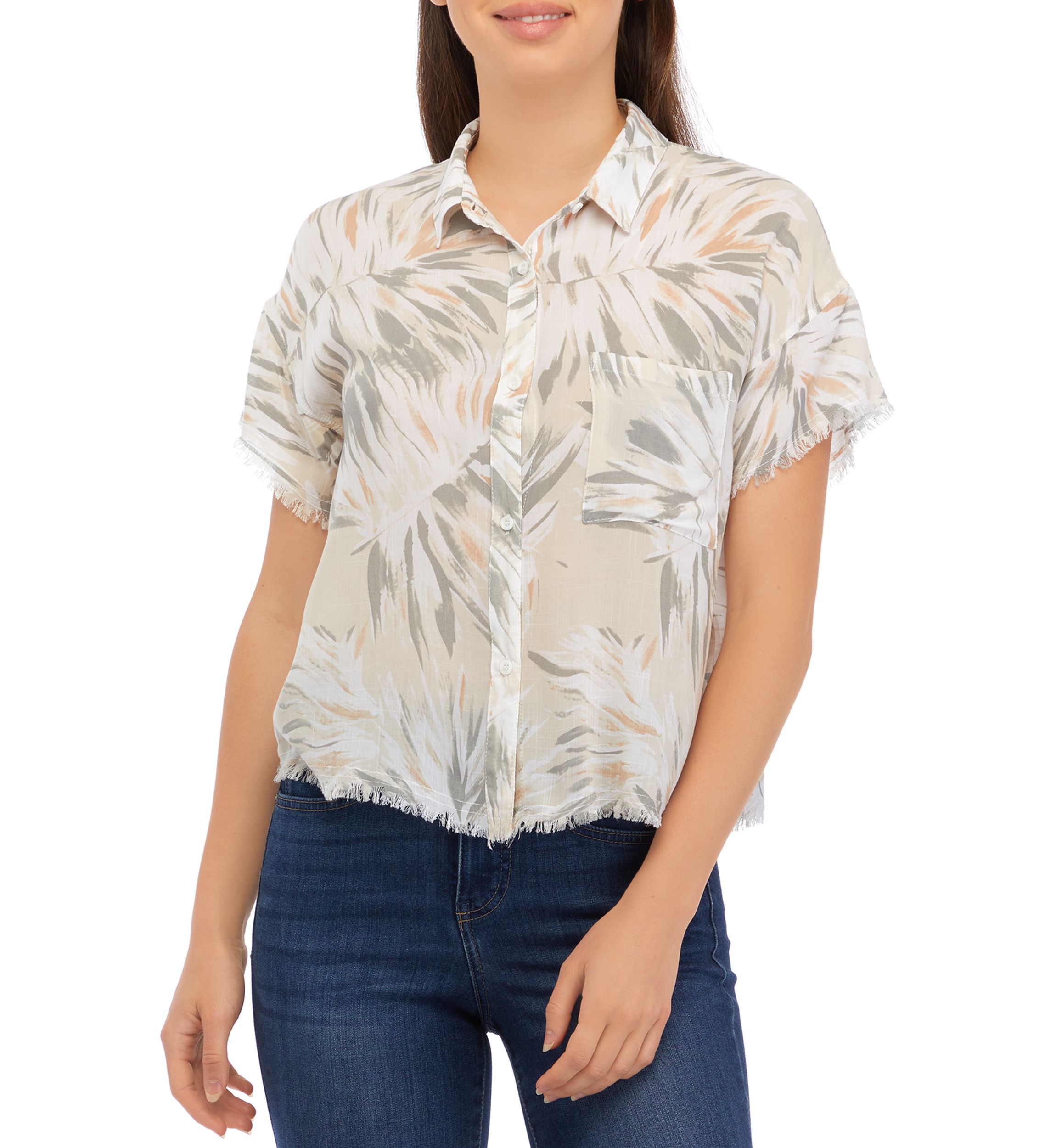 Womens Short Sleeve Button Front Printed Blouse