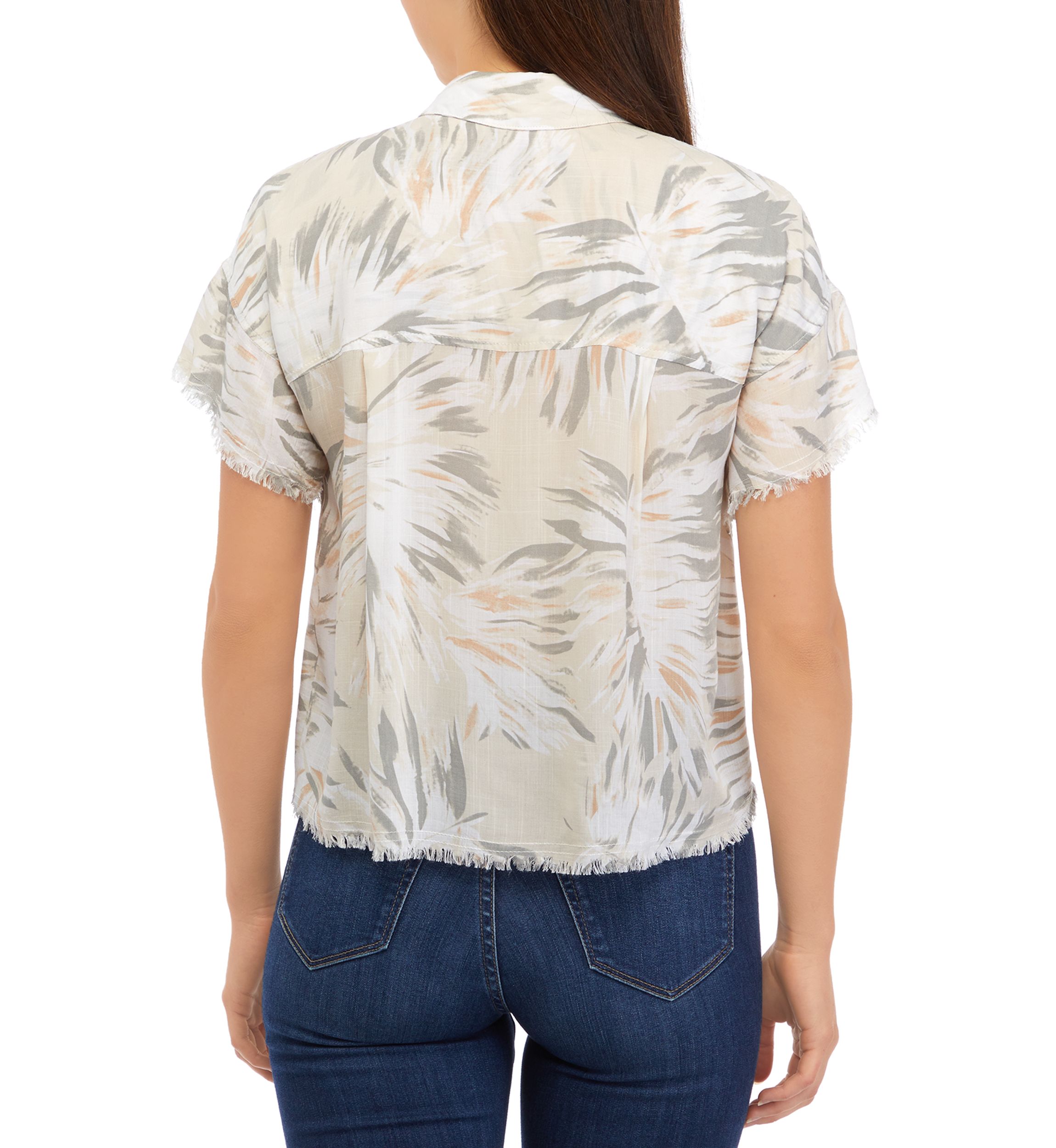 Womens Short Sleeve Button Front Printed Blouse