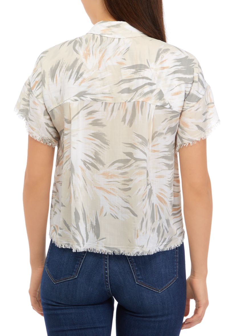 Womens Short Sleeve Button Front Printed Blouse