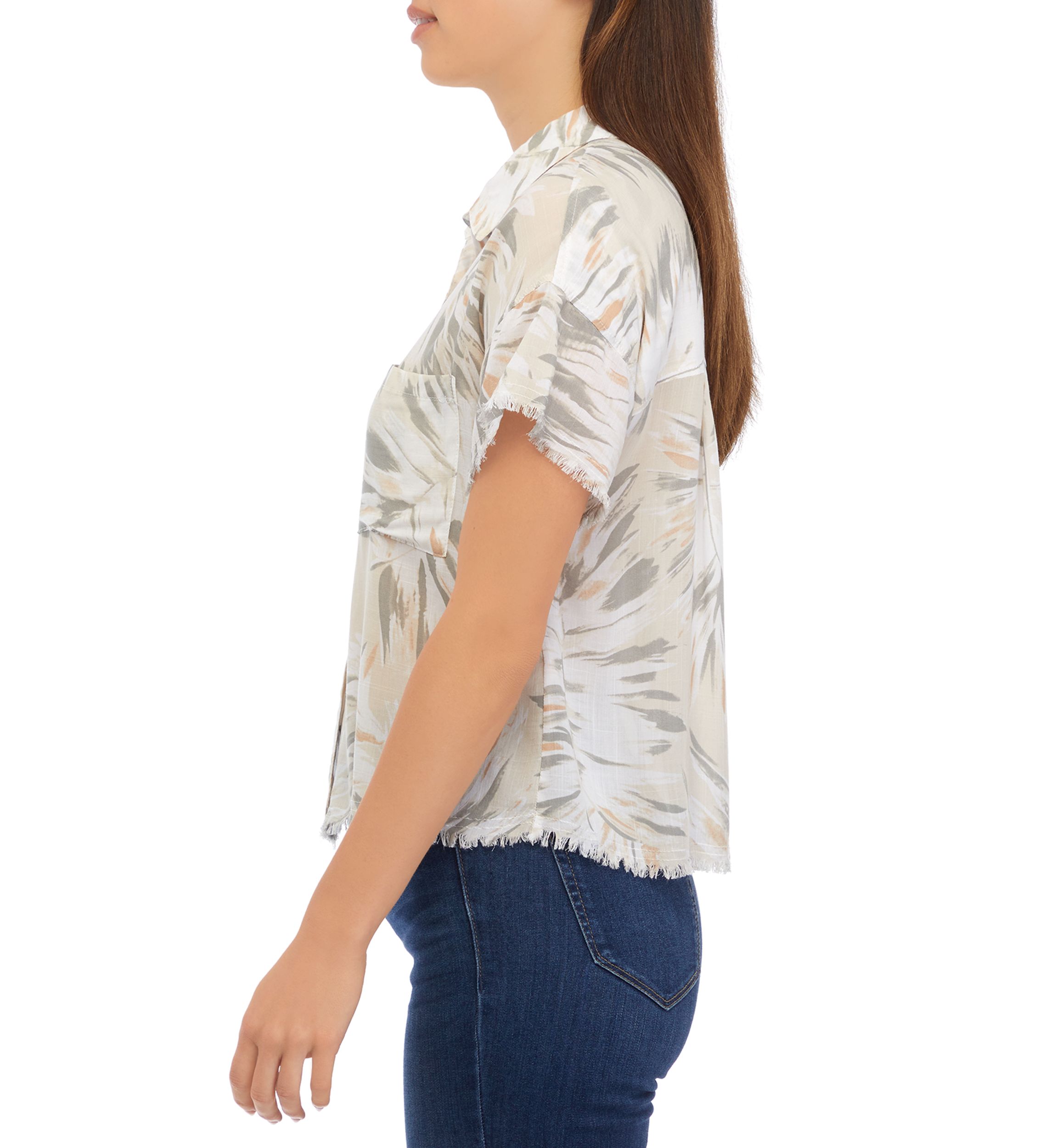 Womens Short Sleeve Button Front Printed Blouse