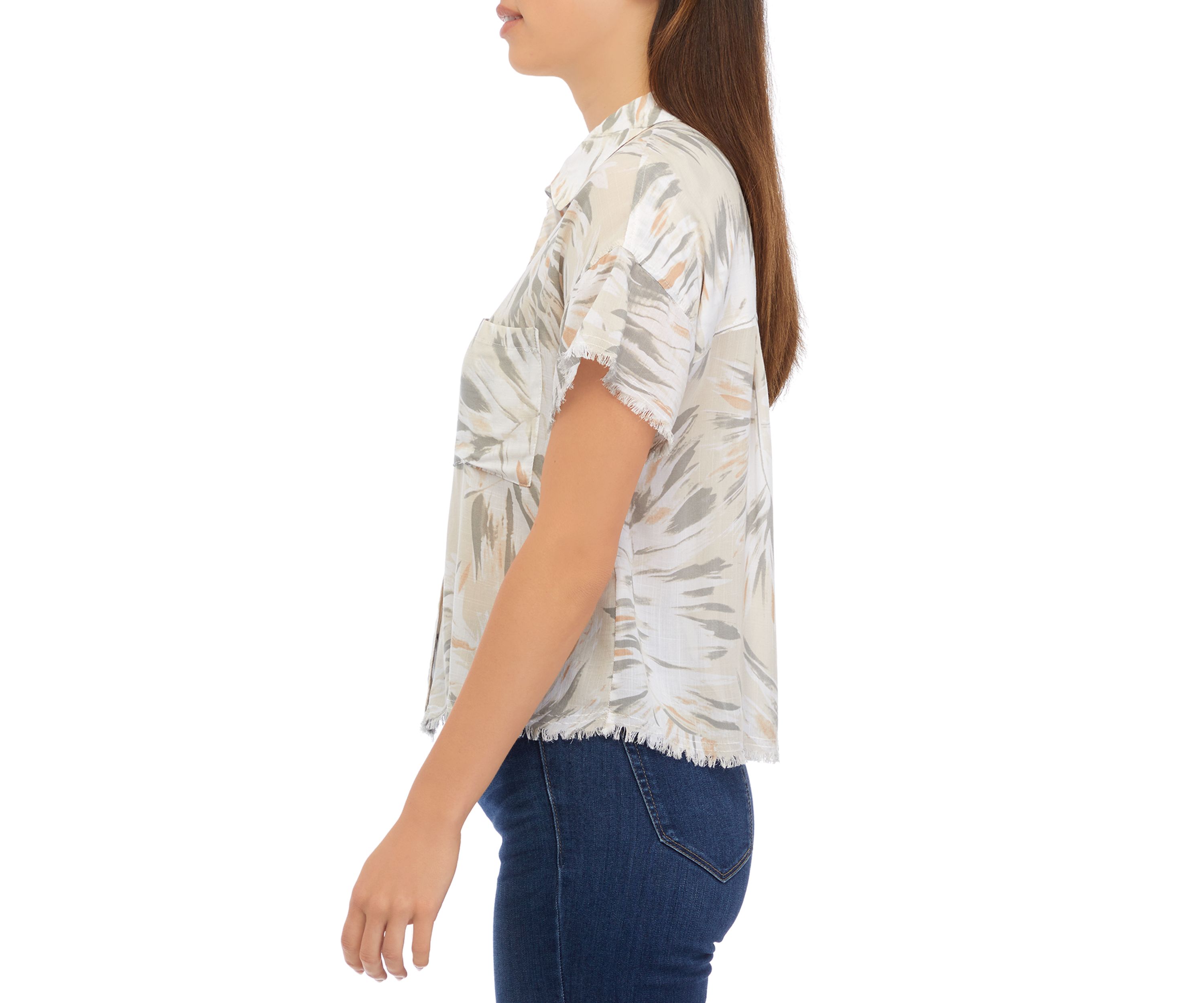 Womens Short Sleeve Button Front Printed Blouse