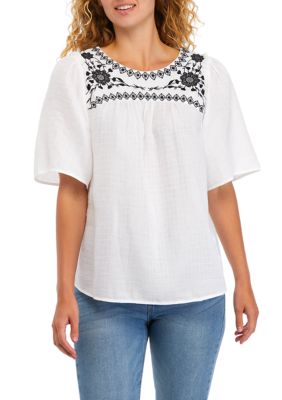 Women's Elbow Flare Sleeve Embroidered Yoke Shirred Top