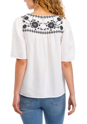 Women's Elbow Flare Sleeve Embroidered Yoke Shirred Top