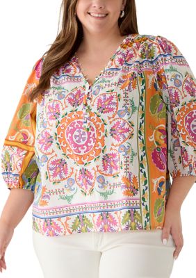 PHILOSOPHY BY REPUBLIC Women's Plus Size 3/4 Puff Sleeve Print Peasant Blouse
