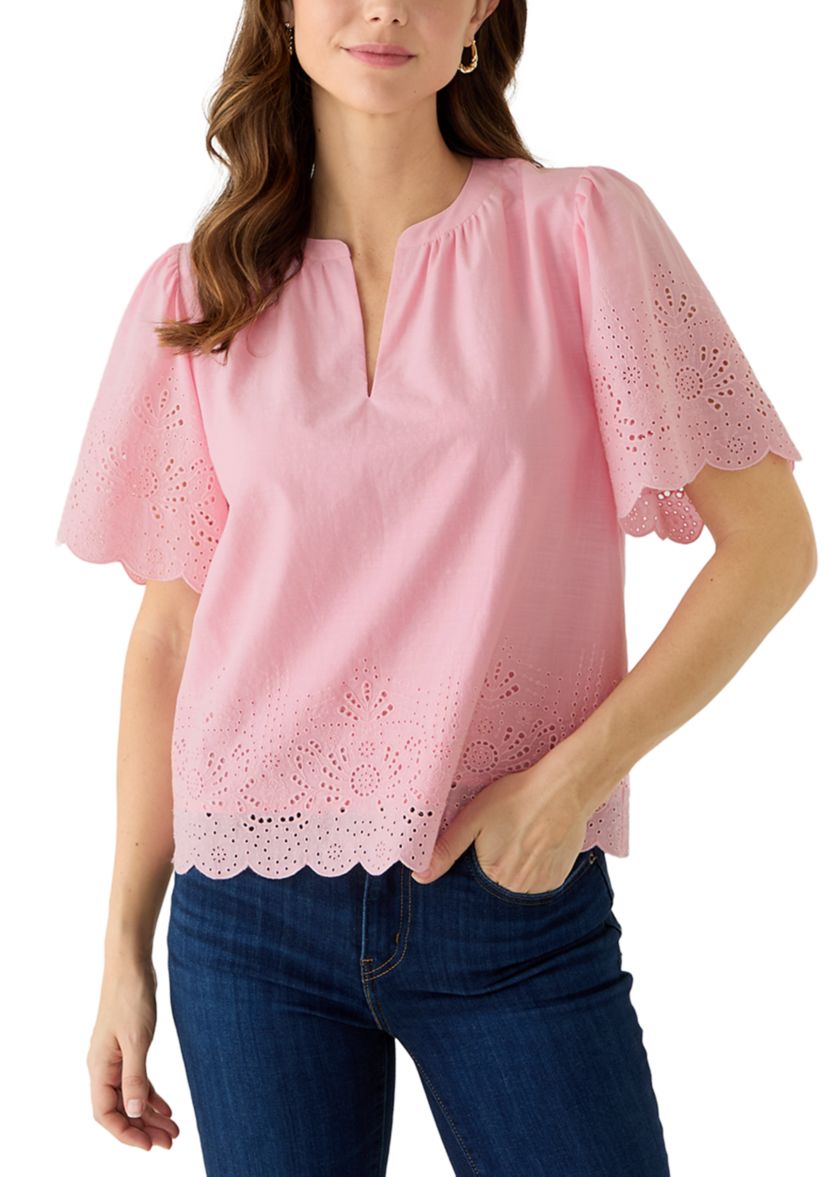 PHILOSOPHY BY REPUBLIC Women's Short Sleeve Eyelet Split Neck