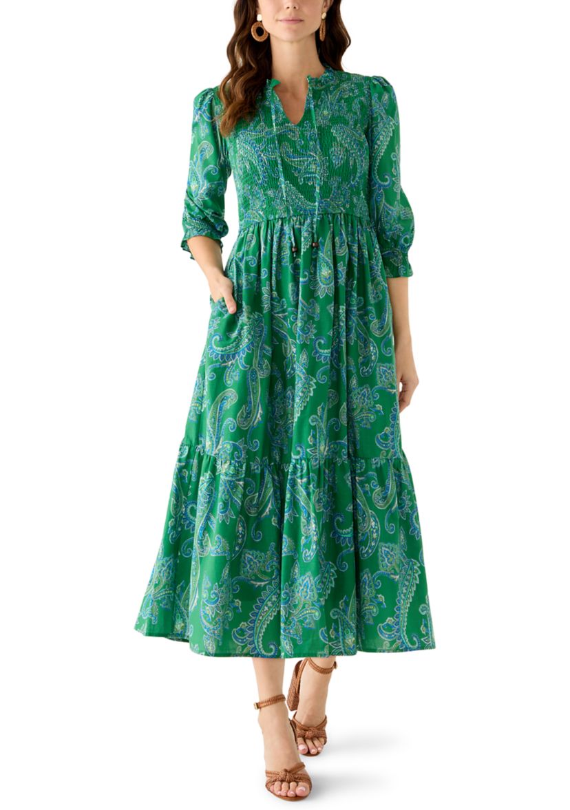 Philosophy Women's Short Sleeve Smocked Paisley Midi Dress, Small, Cotton