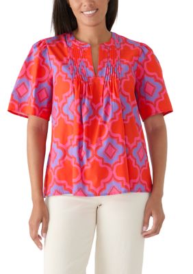 PHILOSOPHY BY REPUBLIC Women's Split Neck Pleated Tile Print Blouse