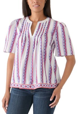 PHILOSOPHY BY REPUBLIC Women's Split Neck Pleated Print Blouse