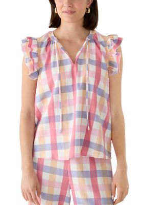 PHILOSOPHY BY REPUBLIC Women's Flutter Sleeve Plaid Split Neck Blouse