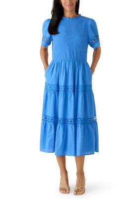 PHILOSOPHY BY REPUBLIC Women's Short Sleeve Smocked Tiered Windowpane Dress, Blue, Small