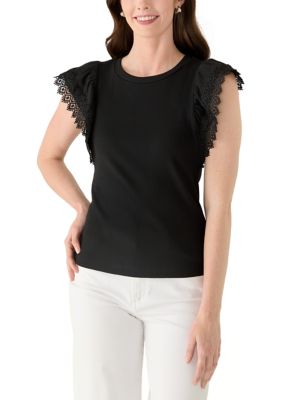 PHILOSOPHY BY REPUBLIC Women's Flutter Sleeve Mixed Media Knit Top, Black, Small