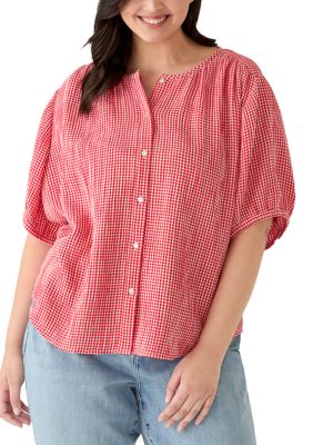 PHILOSOPHY BY REPUBLIC Women's Plus Size Puff Sleeve Gingham Button Down Shirt