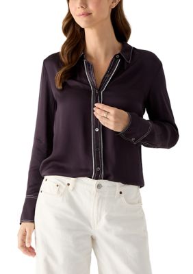 PHILOSOPHY BY REPUBLIC Women's Longline Silky Button Down Woven Shirt