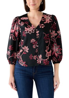 PHILOSOPHY BY REPUBLIC Women's 3/4 Sleeve Printed V-Neck Blouse, Medium