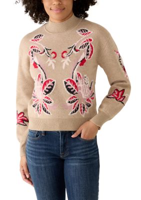 PHILOSOPHY BY REPUBLIC Women's Long Sleeve Placed Floral Eyelash Funnel Neck Sweater
