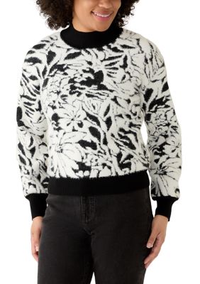 PHILOSOPHY BY REPUBLIC Women's Long Sleeve Placed Floral Eyelash Funnel Neck Sweater