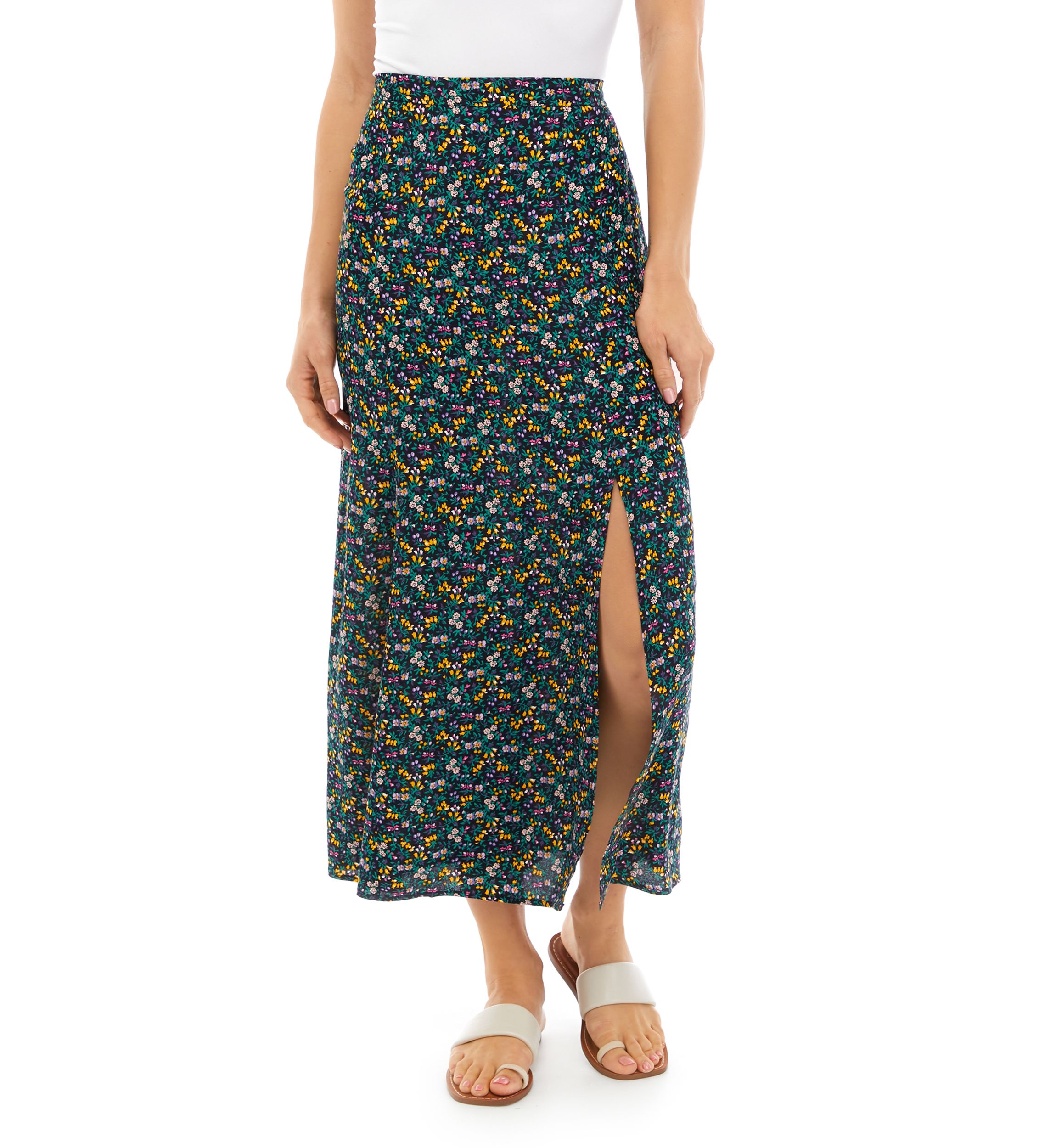 	  Womens Ditsy Floral Front Seam Midi Skirt 