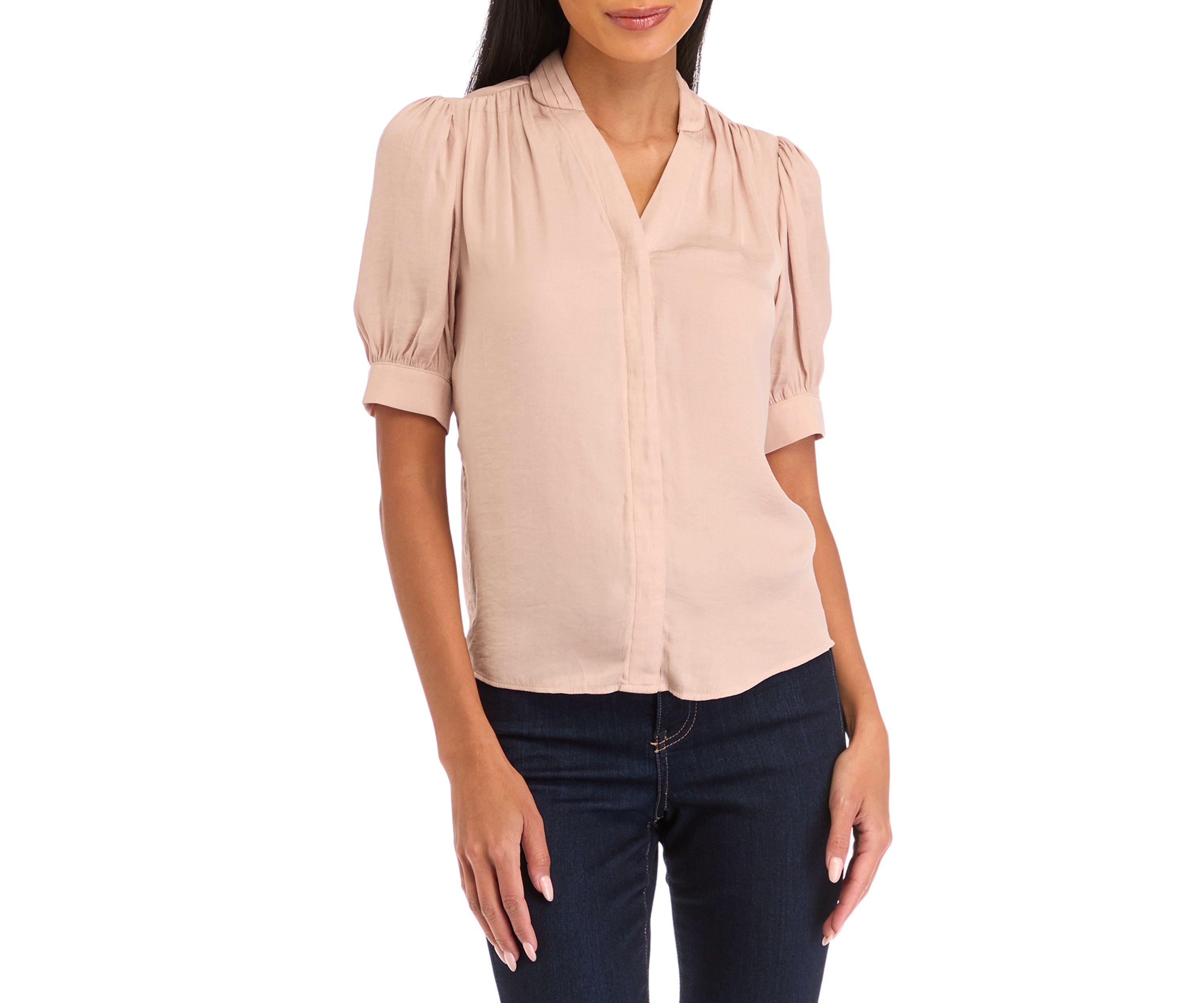 Petite Short Sleeve Satin Blouse with Shirring