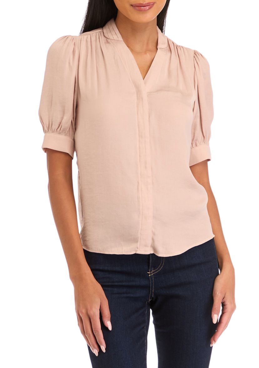 Petite Short Sleeve Satin Blouse with Shirring