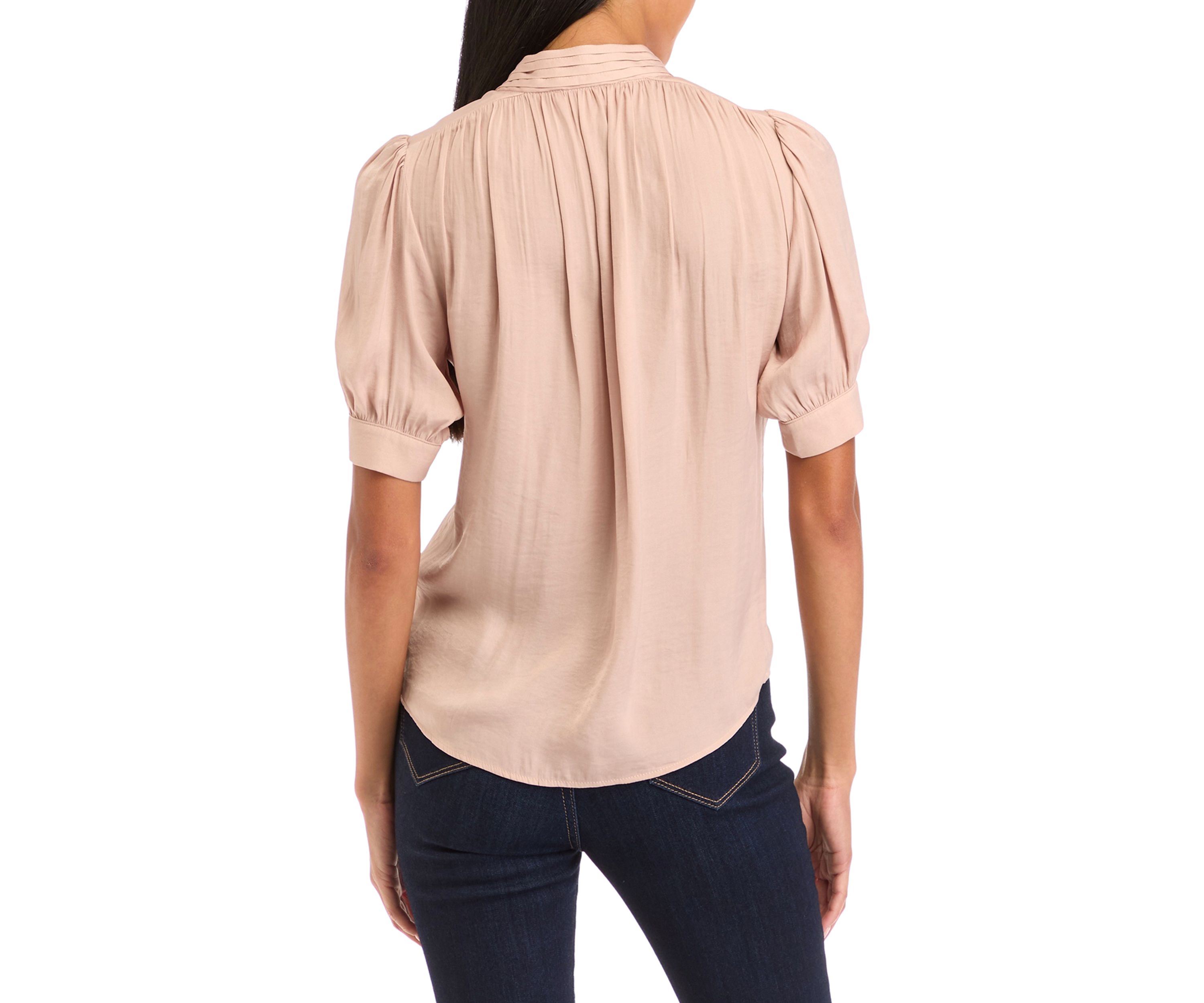 Petite Short Sleeve Satin Blouse with Shirring