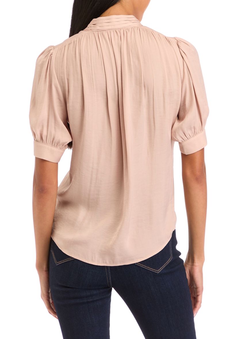 Petite Short Sleeve Satin Blouse with Shirring