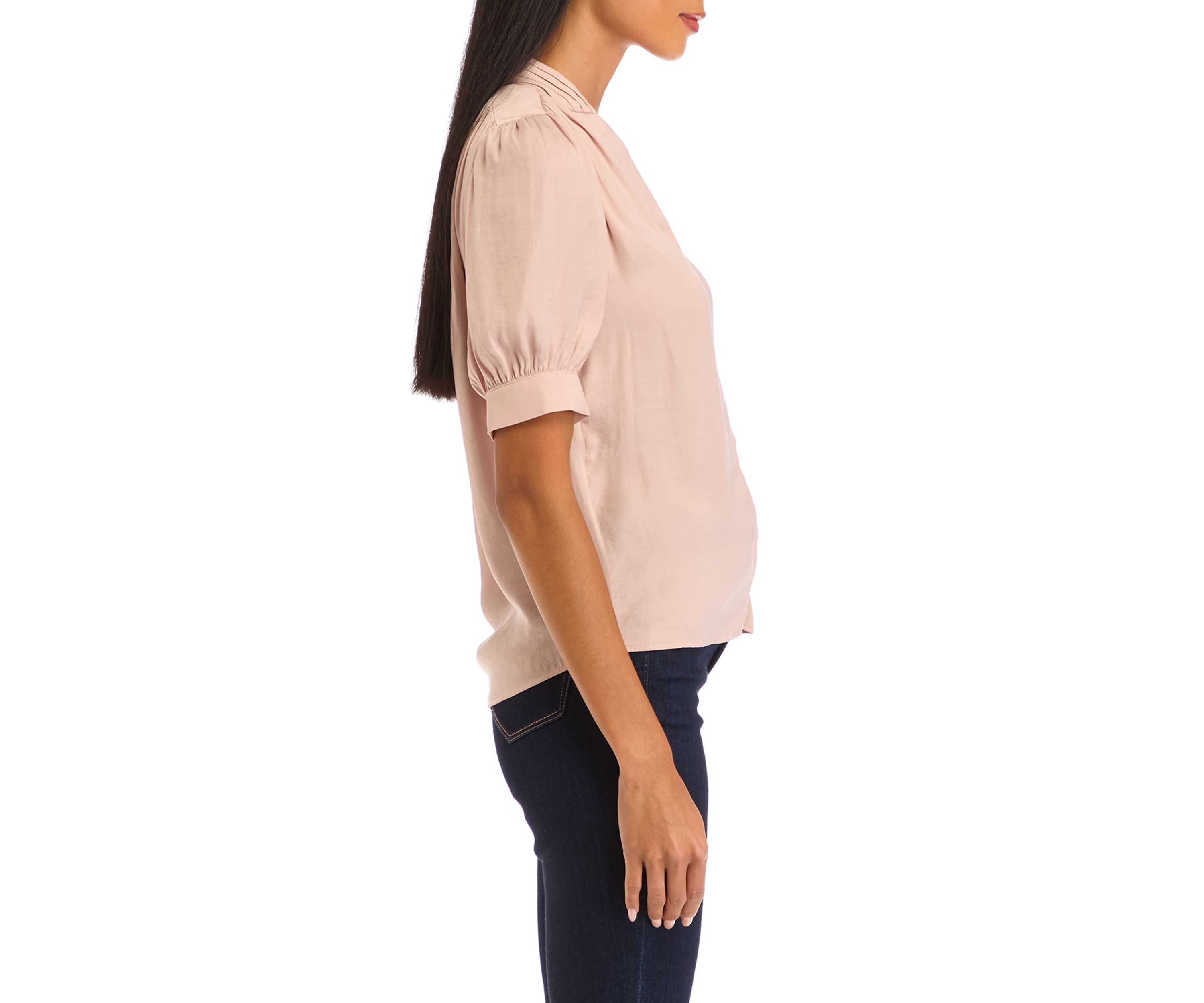 Petite Short Sleeve Satin Blouse with Shirring