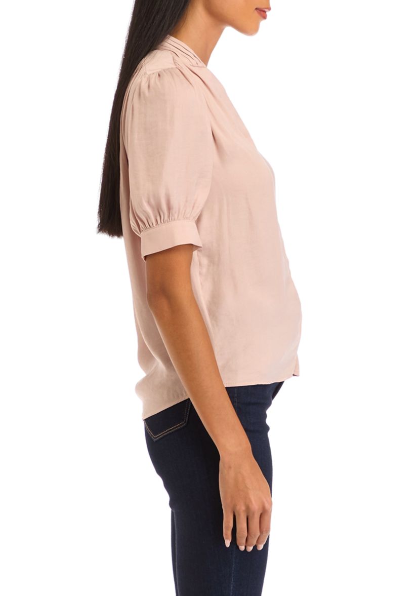 Petite Short Sleeve Satin Blouse with Shirring