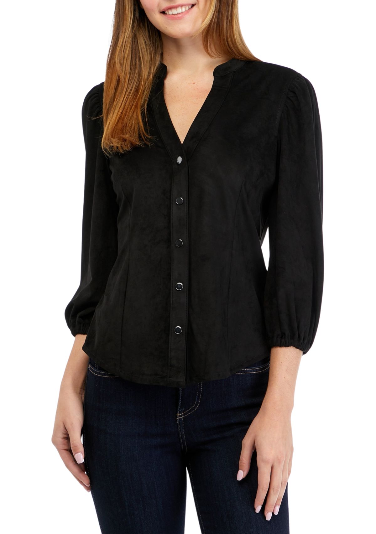 Womens 3/4 Sleeve Split Neck Vegan Suede Shirt