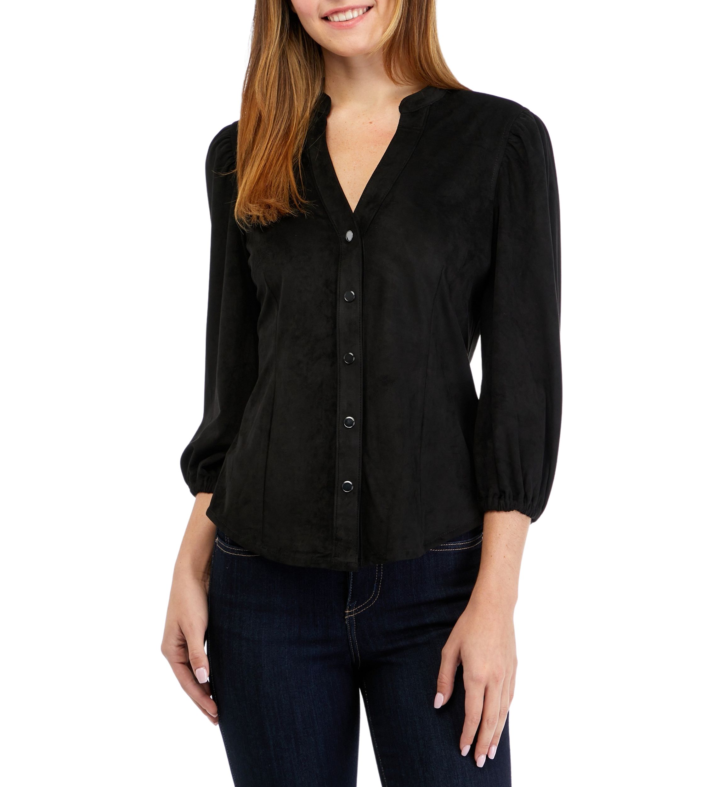 Womens 3/4 Sleeve Split Neck Vegan Suede Shirt