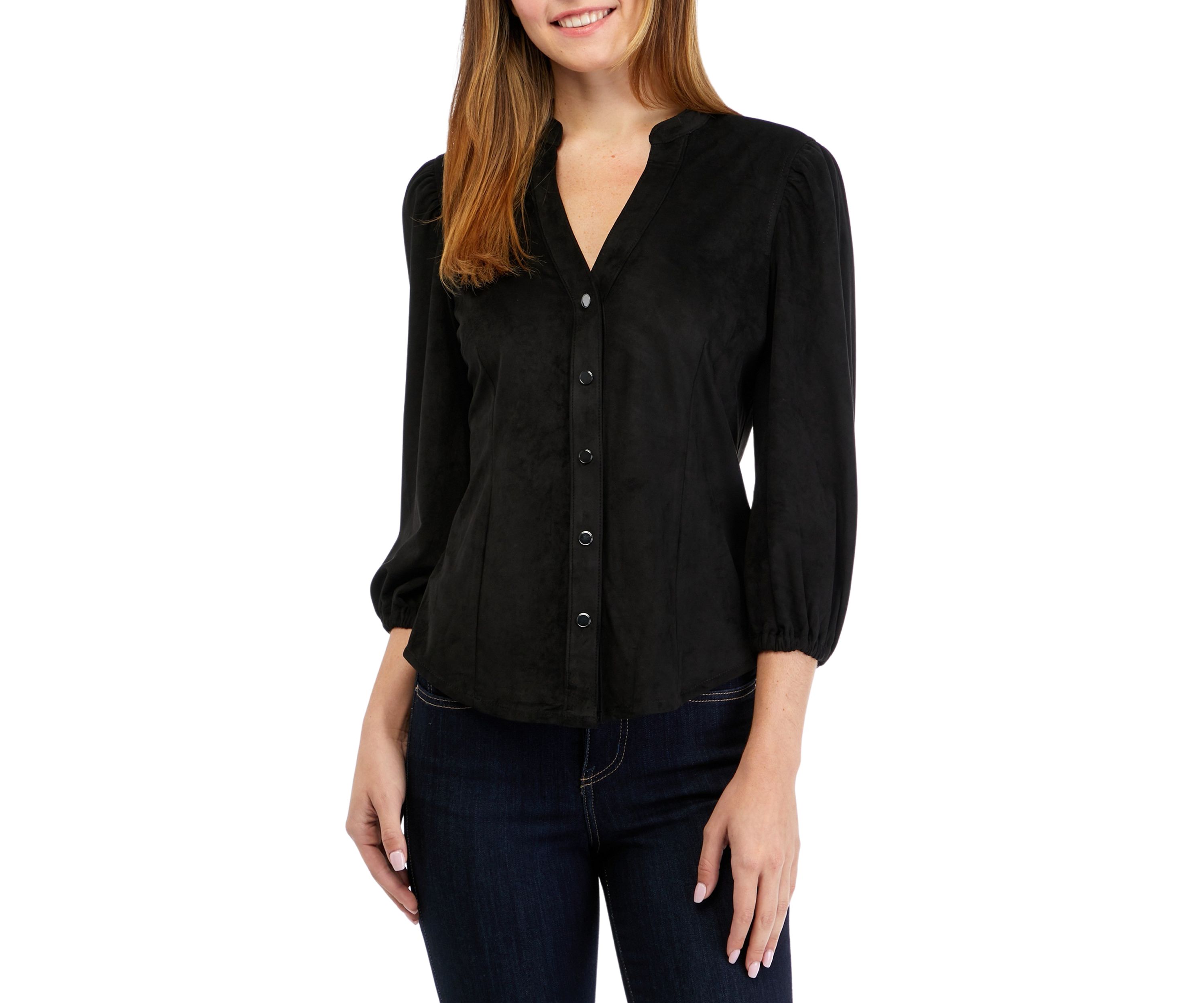 Womens 3/4 Sleeve Split Neck Vegan Suede Shirt