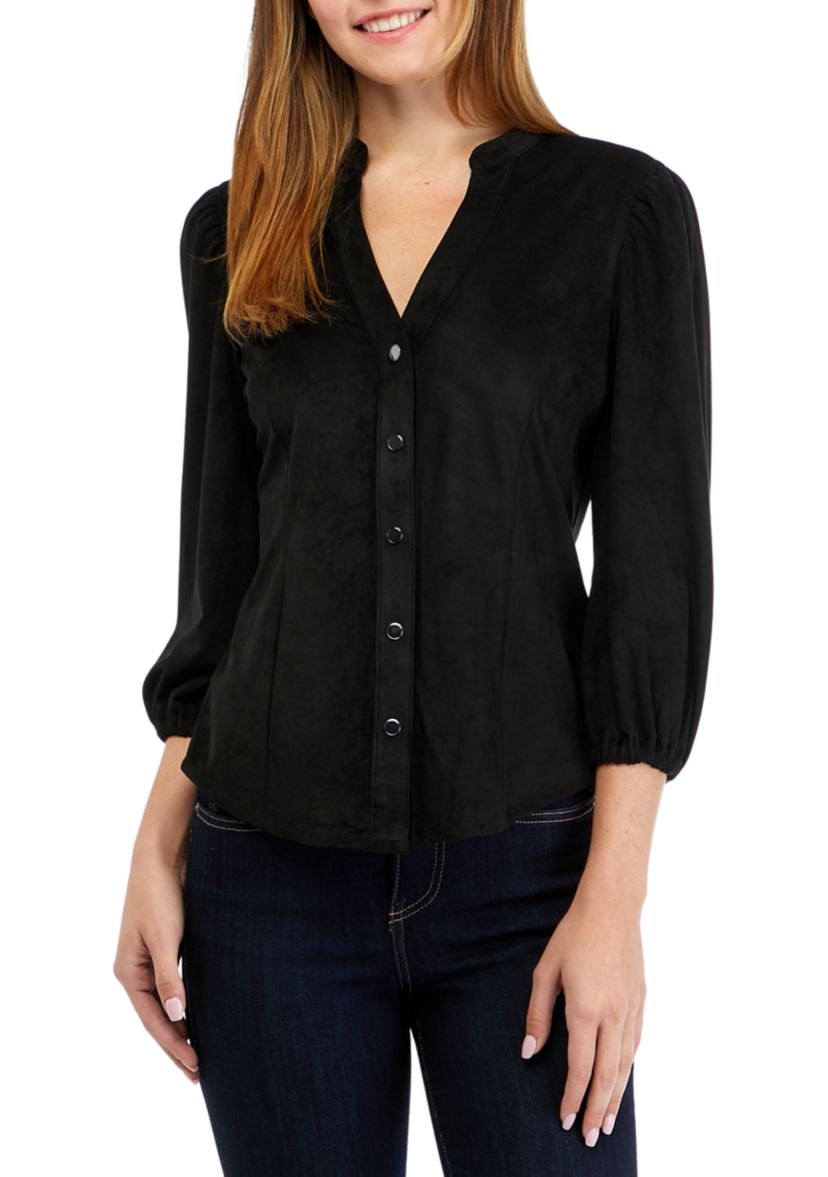 Womens 3/4 Sleeve Split Neck Vegan Suede Shirt