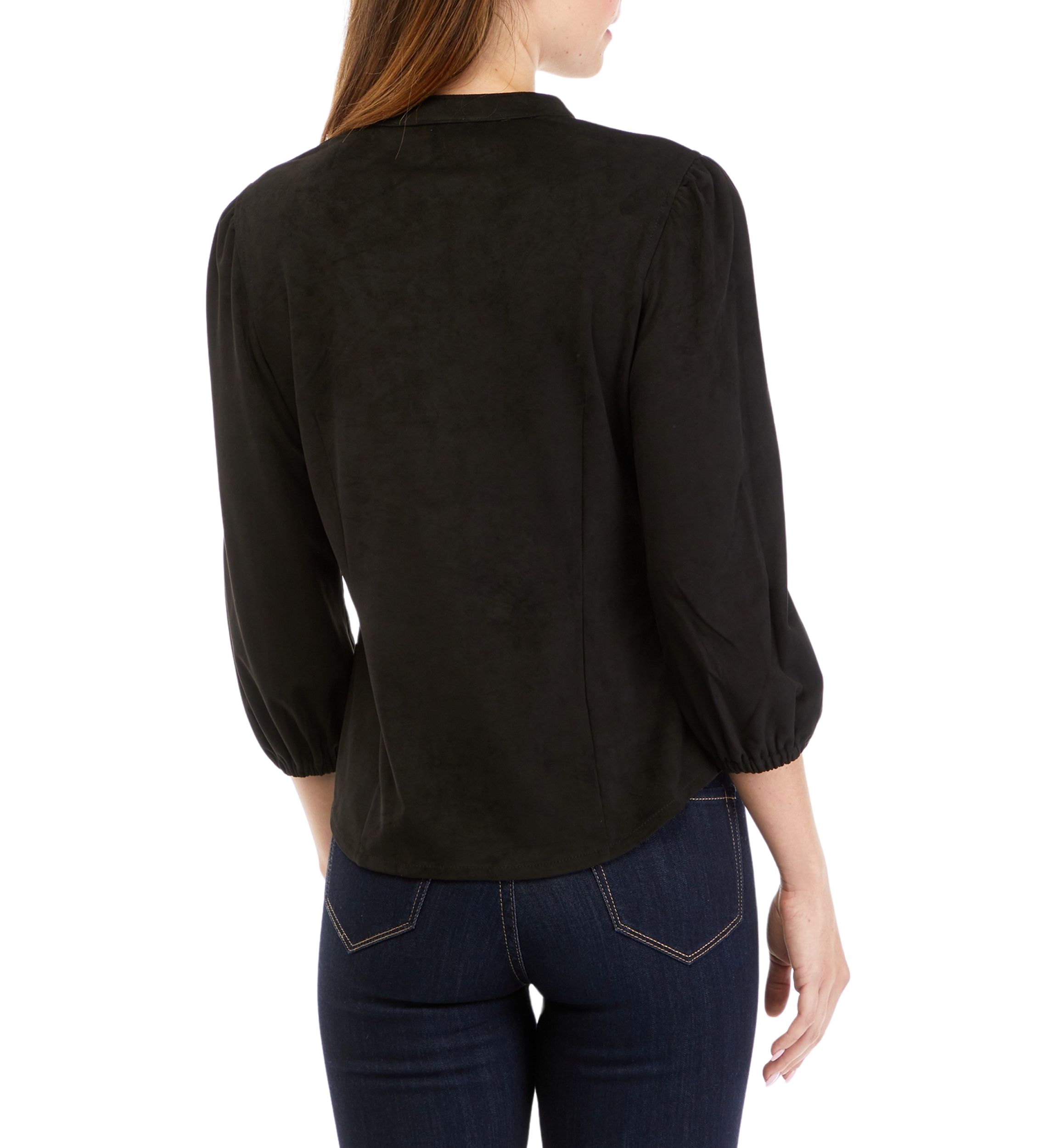 Womens 3/4 Sleeve Split Neck Vegan Suede Shirt