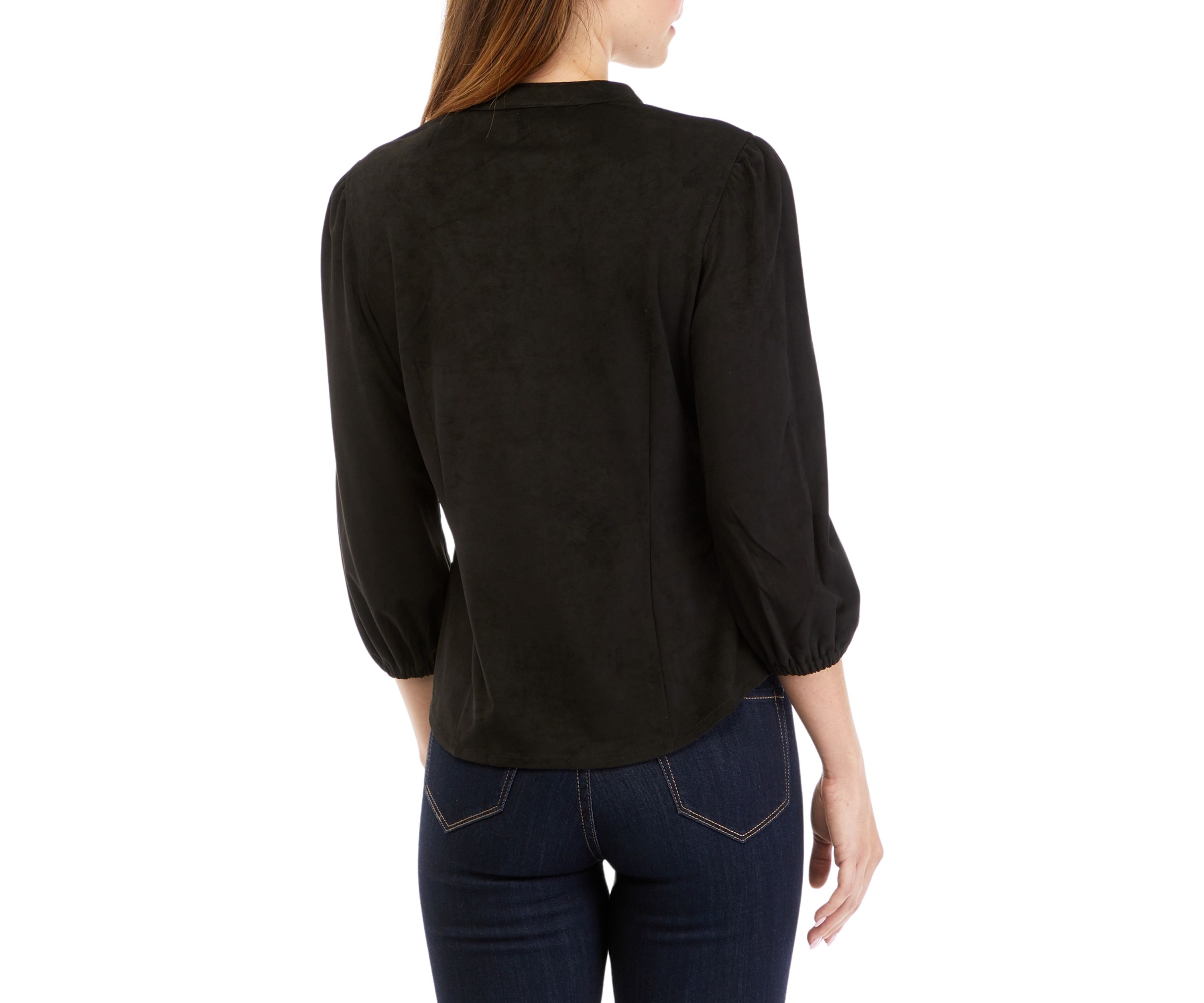 Womens 3/4 Sleeve Split Neck Vegan Suede Shirt