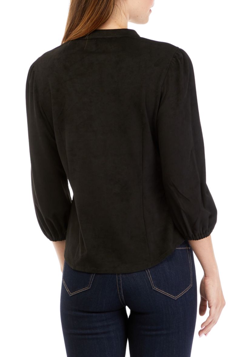 Womens 3/4 Sleeve Split Neck Vegan Suede Shirt