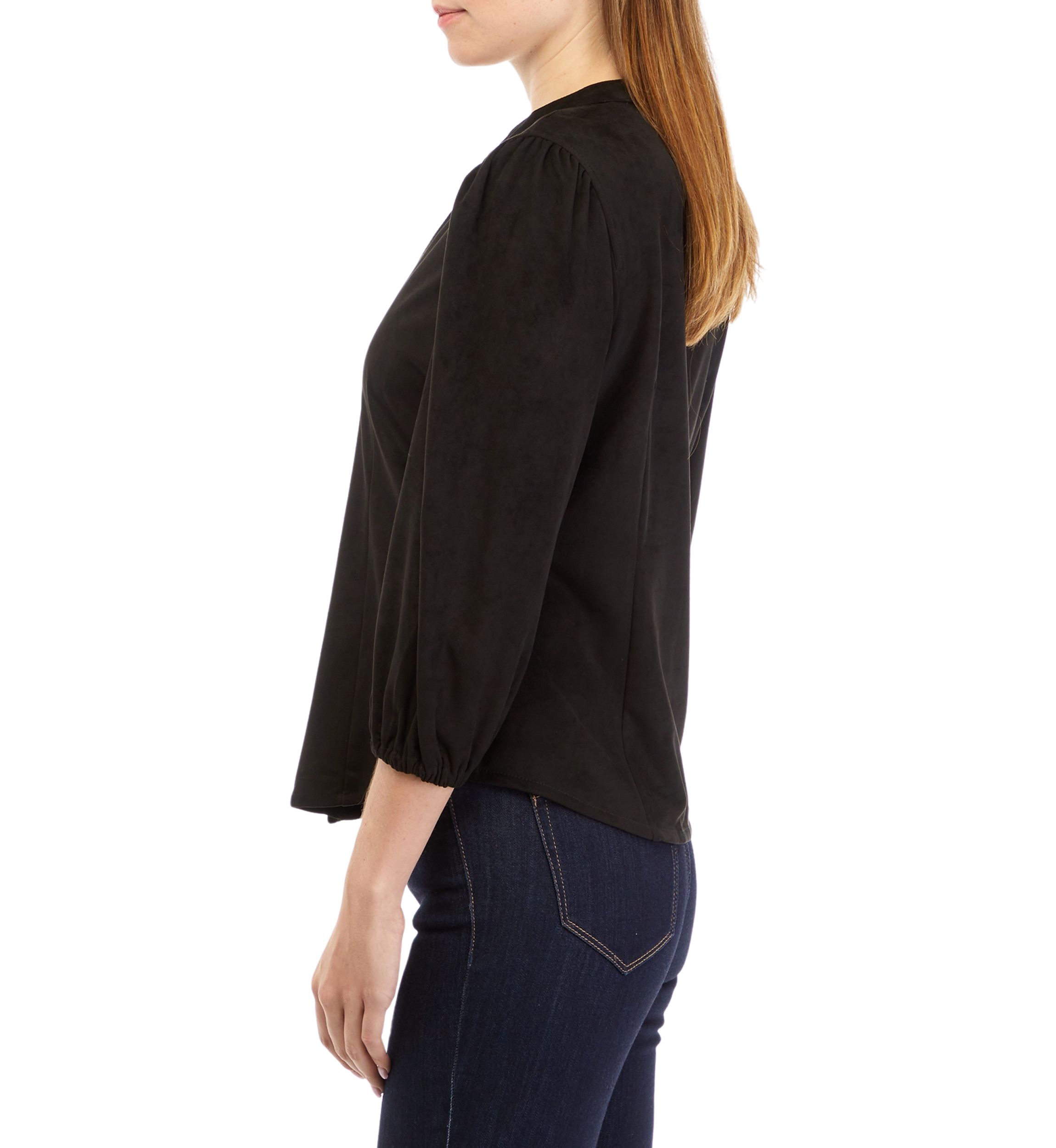 Womens 3/4 Sleeve Split Neck Vegan Suede Shirt