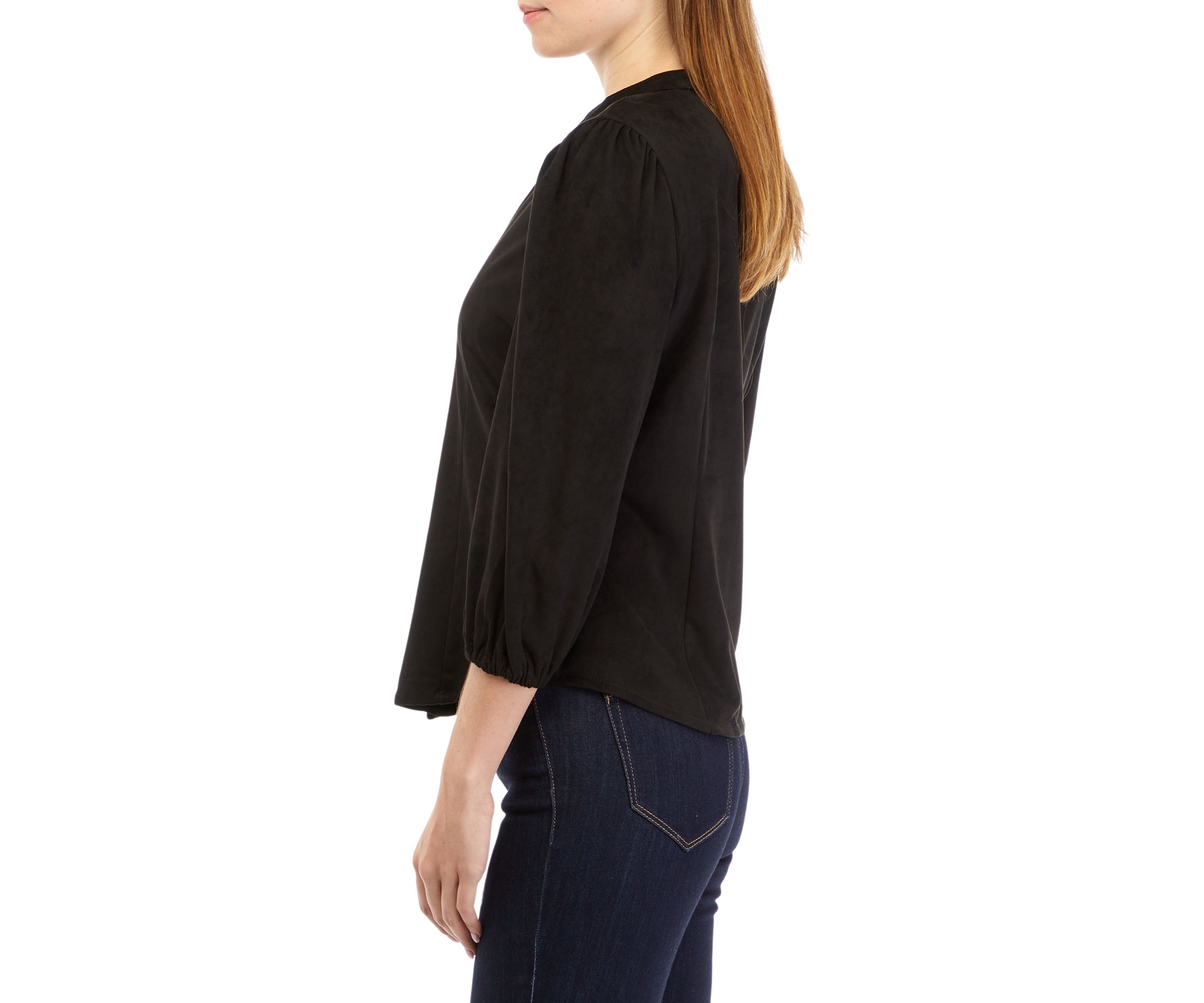 Womens 3/4 Sleeve Split Neck Vegan Suede Shirt
