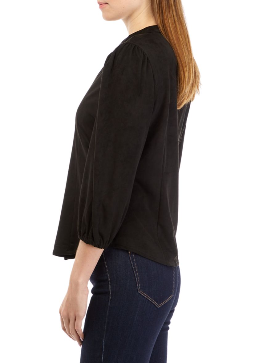 Womens 3/4 Sleeve Split Neck Vegan Suede Shirt